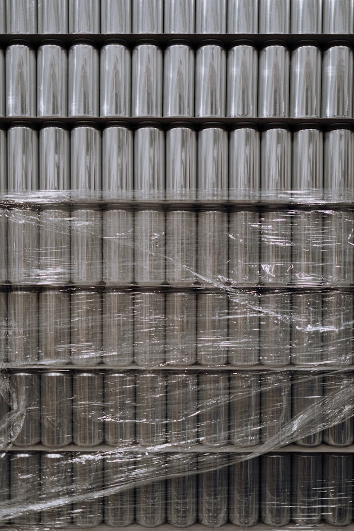 services-03 Vertical shot of stacked aluminum cans wrapped in plastic, showcasing industrial packaging.