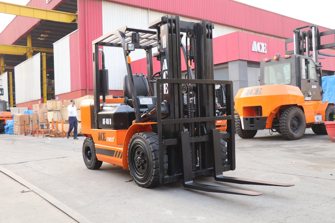 Industrial diesel forklift ACE AF 40D in an Indian warehouse stockyard.