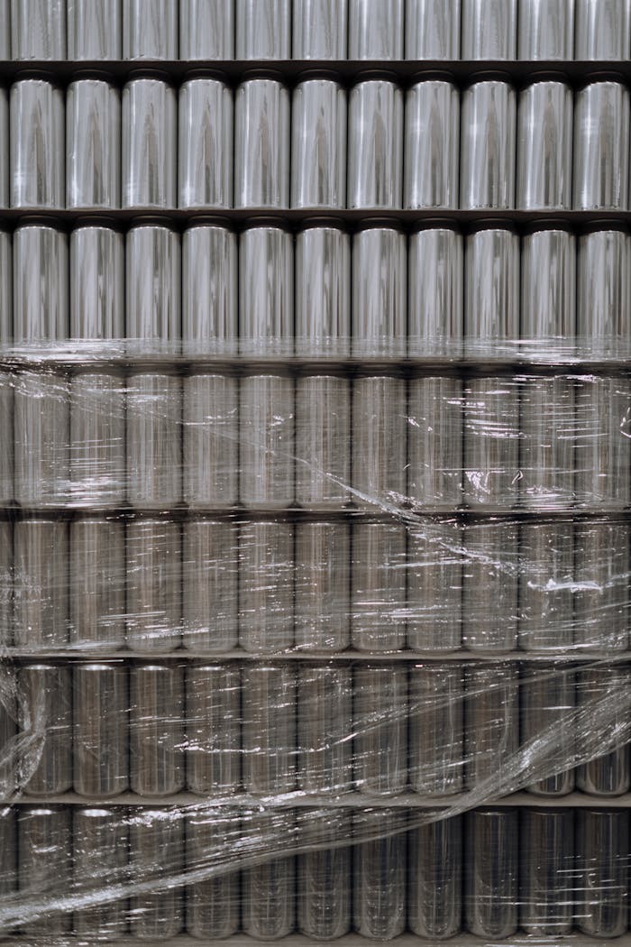 Vertical shot of stacked aluminum cans wrapped in plastic, showcasing industrial packaging.