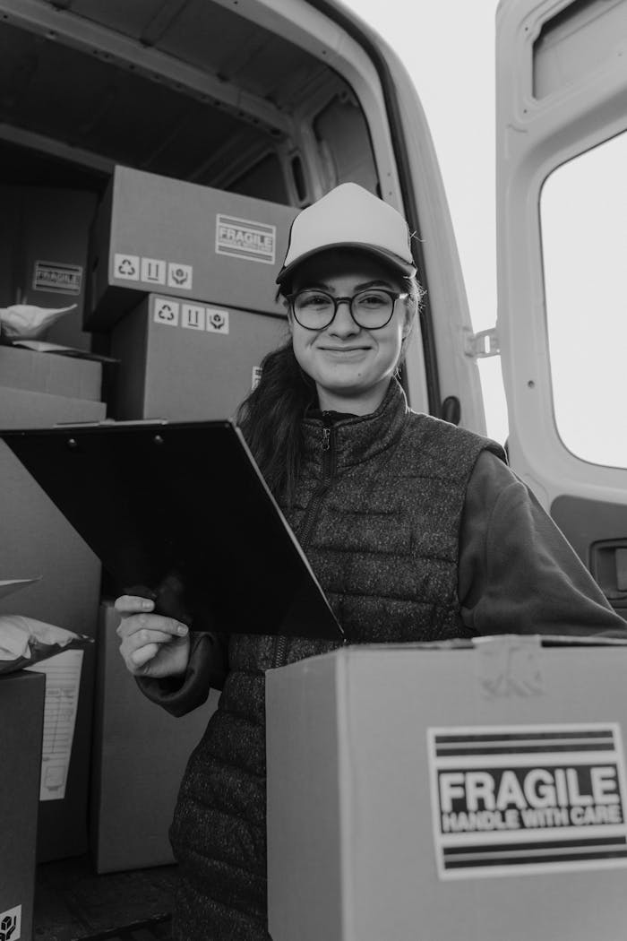 Smiling delivery woman checks parcels in a van. Black and white image showing a logistics theme.